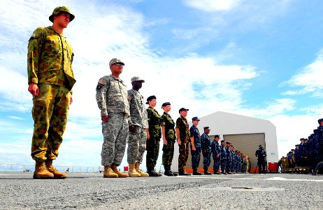 US Navy 100705-N-6410J-016 U.S. and partner nation service members assigned to the Military Sealift Command hospital ship USNS Mercy (T-AH 19) man the rails during a pass and review demonstration