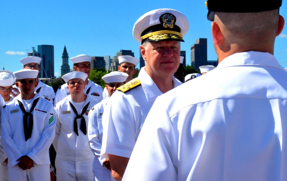 US Navy 100701-N-3548M-139 Chief of Naval Operations (CNO) Adm. Gary Roughead speaks with Sailors assigned to USS Constitution during his visit to Boston