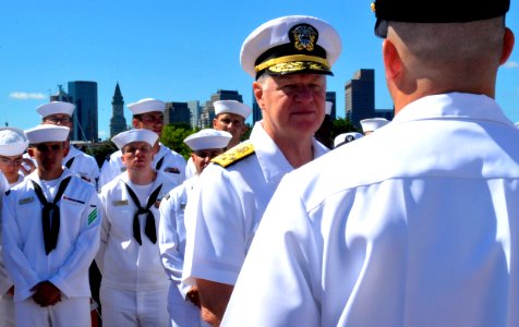 US Navy 100701-N-3548M-139 Chief of Naval Operations (CNO) Adm. Gary Roughead speaks with Sailors assigned to USS Constitution during his visit to Boston photo