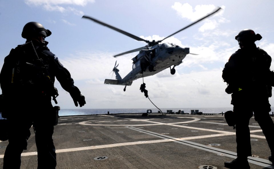 US Navy 100707-N-7058E-799 Members of a U.S. Coast Guard Maritime Safety and Security Team watch as a fellow Coast Guardsman fast-ropes onto the flight deck of USS Freedom (LCS 1)