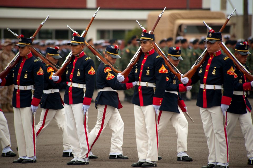 US Navy 100705-N-5319A-229 Members of the Peruvian Marine Drill Team perform at the opening ceremonies of Amphibious-Southern Partnership Station 2010 at Ancon Marine Base, Peru