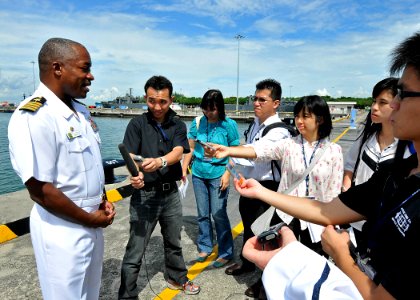 US Navy 100706-N-7643B-092 Capt. Richard Clemmons, commodore of Task Force 73.1, speaks to Singaporean media
