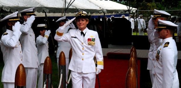 US Navy 100709-N-3666S-038 Rear Adm. Katherine Gregory walks through the sideboys after assuming command of Naval Engineering Command Pacific