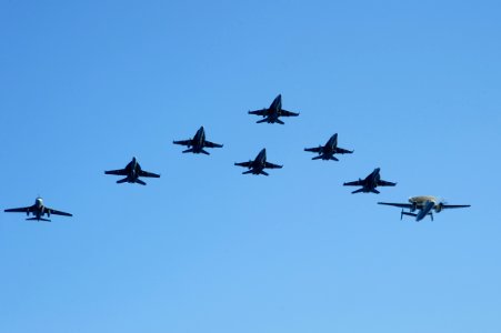 US Navy 100709-N-6604E-368 Aircraft assigned to Carrier Air Wing (CVW) 7 fly in formation during an air power demonstration above the aircraft carrier USS Dwight D. Eisenhower (CVN 69)