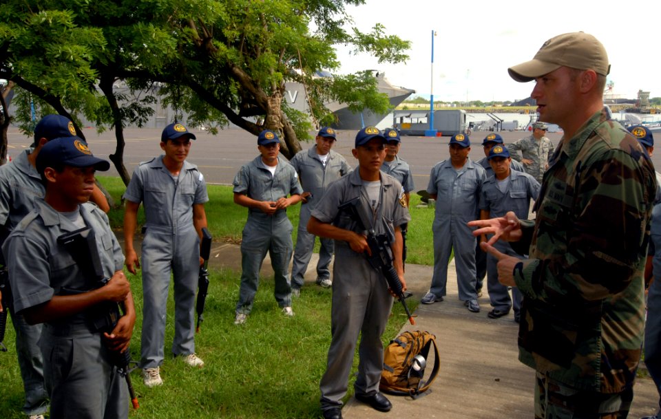 US Navy 100707-N-4971L-173 Equipment Operator 1st Class Daniel Lasich, right, assigned to the High Speed Vessel Swift (HSV 2) conducts close combat tactics drills with members of the Guatemalan armed forces