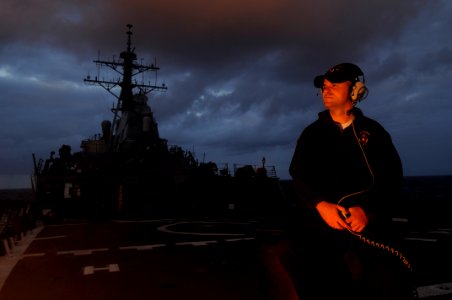 US Navy 100711-N-7498L-029 Sailor stands watch aboard USS Hopper photo