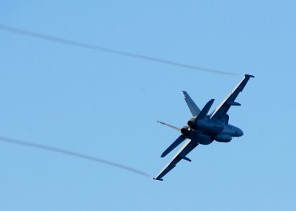 US Navy 100708-N-8283S-055 An F-A 18 Super Hornet performs a low flyby above USS Boxer (LHD 4)