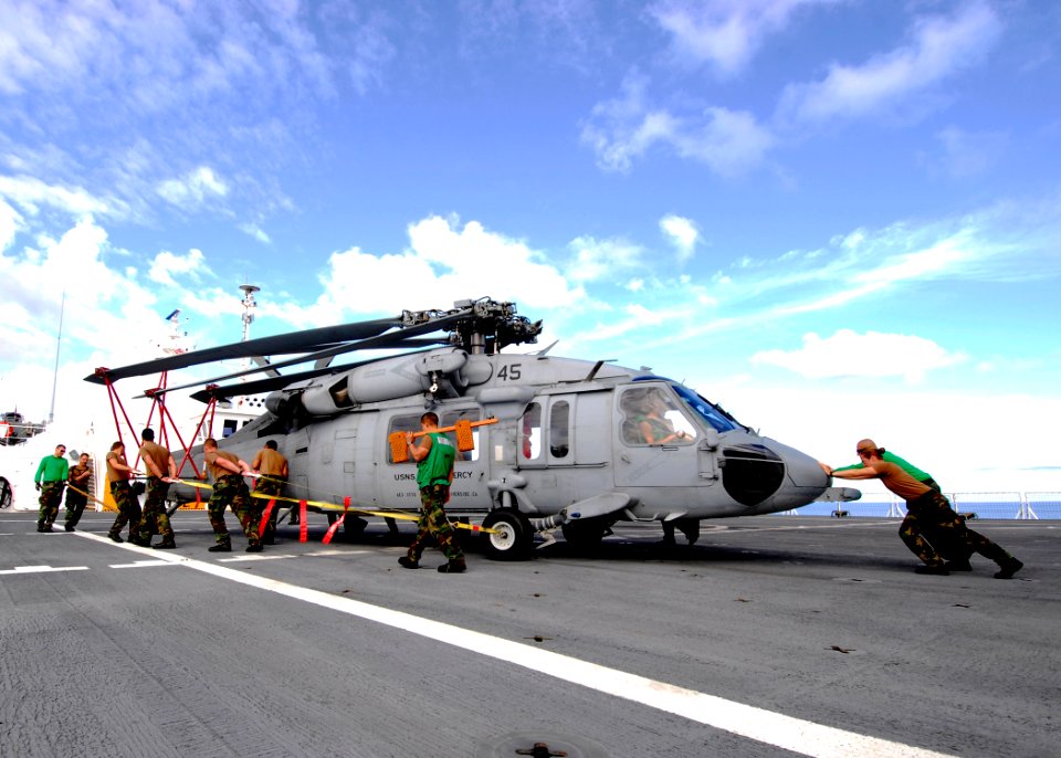 US Navy 100708-N-4044H-198 Sailors pull an MH-60S Sea Hawk helicopter to spot the aircraft for launch aboard USNS Mercy (T-AH 19)