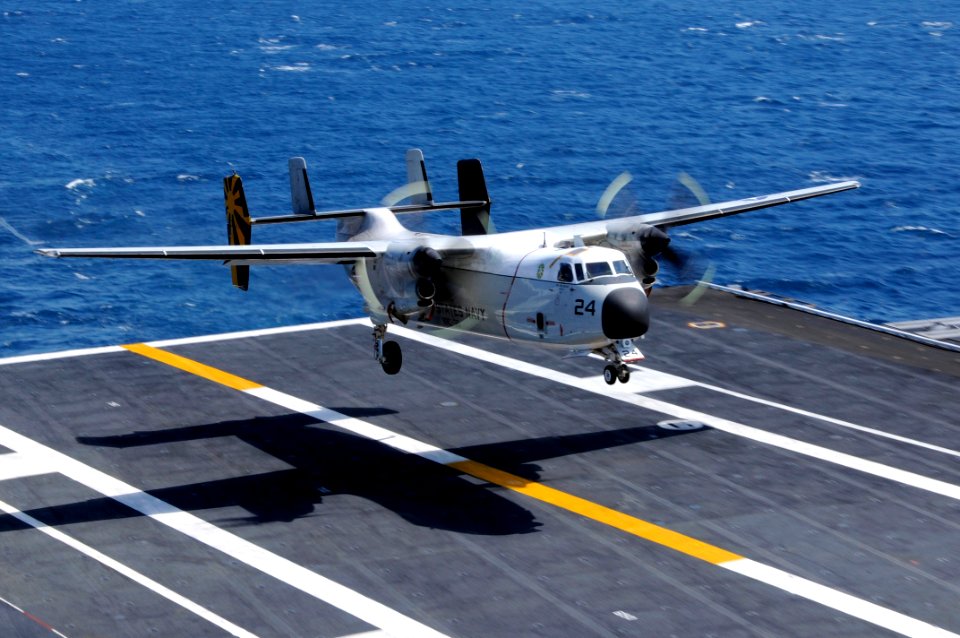 US Navy 100712-N-2918M-115 A C-2A Greyhound assigned to the Providers of Fleet Logistics Support Squadron (VRC) 30 lands aboard the aircraft carrier USS Nimitz (CVN 68)