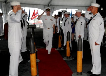 US Navy 100708-N-8359M-001 Capt. James Horten is piped ashore during the change of command ceremony for the Los Angeles-class submarine USS Chicago (SSN 721)