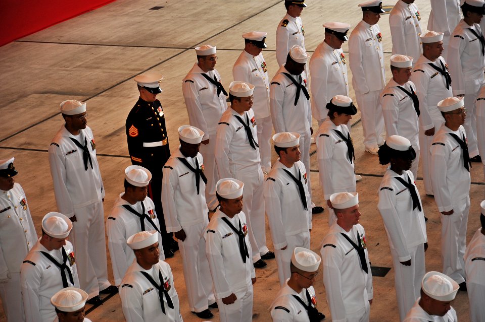 US Navy 100709-N-2858S-092 Sailors and a Marine stand in ranks during the change of command ceremony for Fleet Air Forward and Patrol and Reconnaissance Force, U.S. 5th Fleet-U.S. 7th Fleet (CTF-57-72)