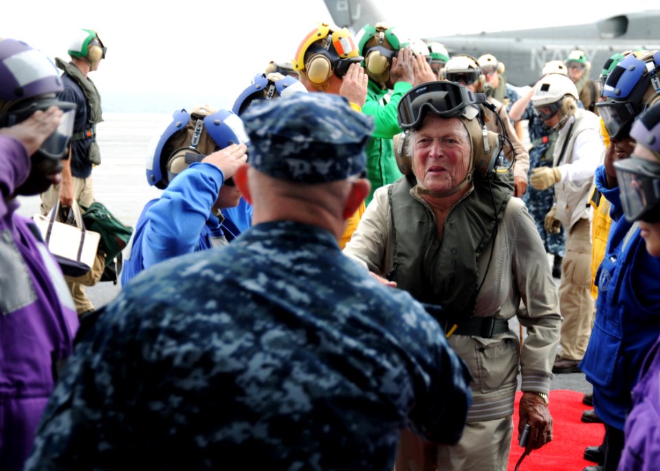 US Navy 100714-N-3885H-022 Former First Lady Barbara Bush is greeted by Capt. Chip Miller