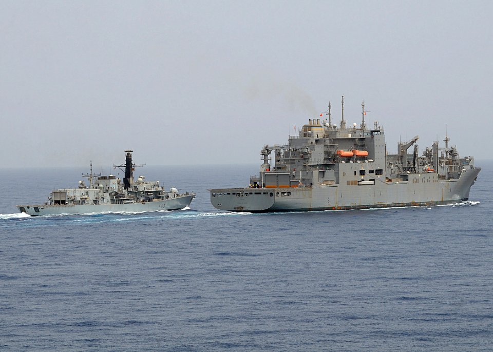 US Navy 100710-N-1082Z-088 The British Royal Navy Duke-class frigate HMS St Albans (F 83) pulls alongside the Military Sealift Command dry cargo and ammunition ship USNS Robert E. Peary (T-AKE 5) for a replenishment at sea