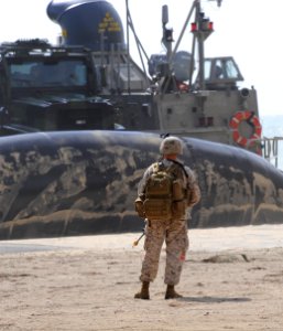 US Navy 100709-N-9500T-299 A Marine stands watch as a landing craft air cushion prepares to unload its cargo of Marines and vehicles onto the beach during an amphibious landing exercise