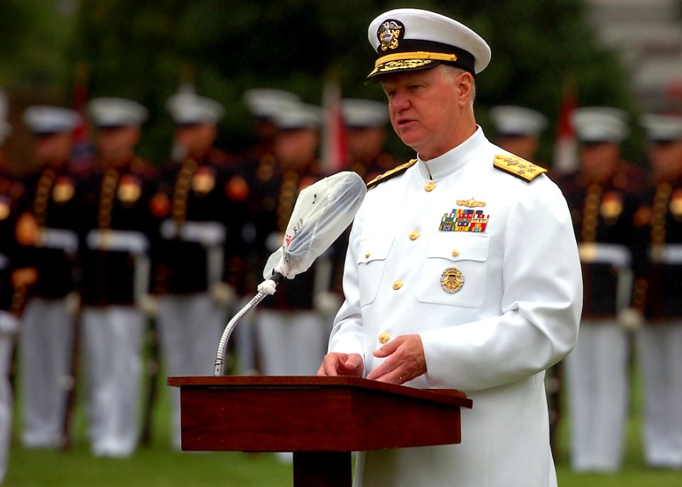 US Navy 100714-N-8132M-185 Chief of Naval Operations Adm. Gary Roughead speaks during a full honors arrival ceremony for Brig. Gen. Abdulla Saeed Al Mansoori at the Washington Navy Yard