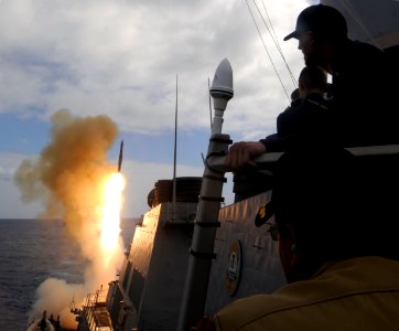 US Navy 100711-N-7498L-323 USS Hopper (DDG 70) fires a single surface-to-air SM-2 missile off the coast of Hawaii as the ship participates in Rim of the Pacific (RIMPAC) 2010 exercises photo