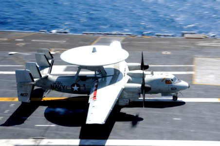 US Navy 100712-N-2918M-104 An E-2C Hawkeye assigned to the Wallbangers of Carrier Airborne Early Warning Squadron (VAW) 117 lands aboard the aircraft carrier USS Nimitz (CVN 68)