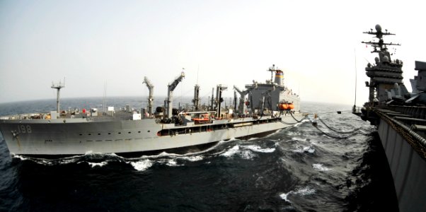 US Navy 100715-N-6003P-042 The Military Sealift Command fleet replenishment oiler USNS Big Horn (T-AO 198) sends supplies to the aircraft carrier USS Harry S. Truman (CVN 75)