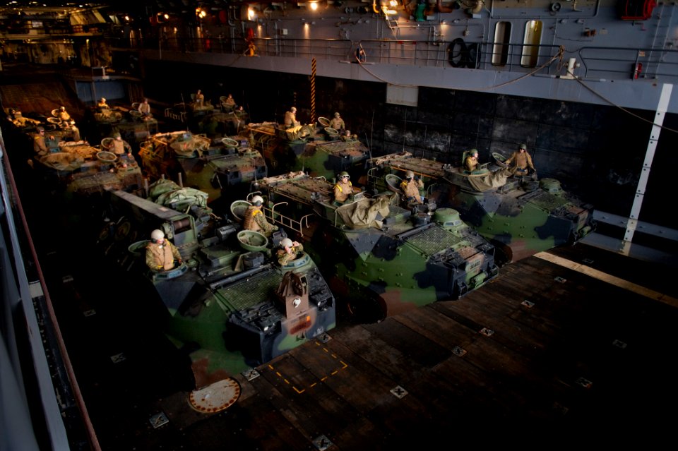 US Navy 100716-N-5319A-011 Marines assigned to Special Purpose Marine Air Ground Task Force (SPMAGTF) 24 prepare to disembark the amphibious transport dock ship USS New Orleans (LPD 18) f