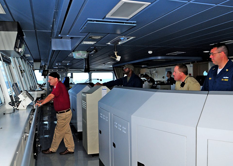 US Navy 100716-N-3446M-098 Capt. John Pope, Master of the Military Sealift Command dry cargo and ammunition ship USNS Amelia Earhart (T-AKE 6)