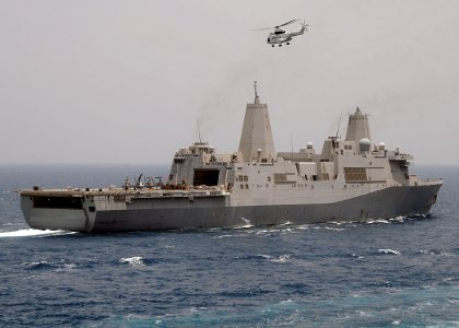 US Navy 100714-N-1082Z-005 An SA-330J Puma helicopter onducts a vertical replenishment with the amphibious dock transport ship USS Mesa Verde (LPD 19)