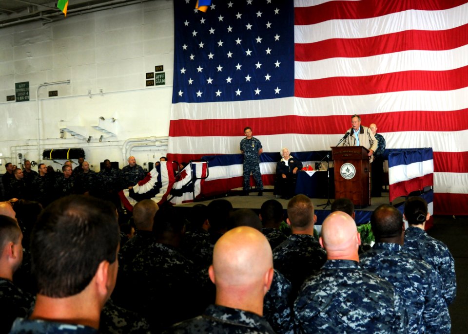 US Navy 100715-N-6509M-049 Former President George H.W. Bush speaks to officers and crew assigned to the aircraft carrier that bears his name, USS George H.W. Bush (CVN 77)