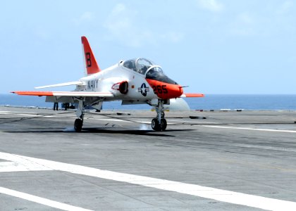 US Navy 100717-N-6632S-055 A T-45C Goshawk training aircraft assigned to Training Wing (TRAWING) 2 lands aboard the aircraft carrier USS George H.W. Bush (CVN 77)
