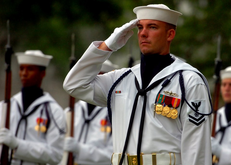US Navy 100714-N-8132M-226 Members of the U.S. Navy Ceremonial Guard take part in the full honors arrival ceremony for Commander of the Royal Bahrain Naval Force Brig. Gen. Abdulla Saeed Al Mansoori