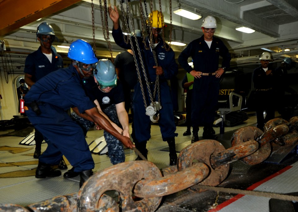 US Navy 100719-N-0569K-087 Sailors work on the anchor chain during a precision anchorage in the foc'sle aboard USS Enterprise (CVN 65)