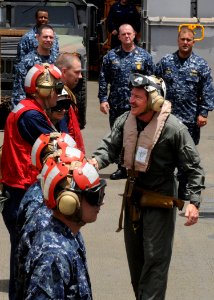 US Navy 100715-N-8069G-279 Rear Adm. Garry White, Commander Strike Force Training Atlantic, meets with Sailors and Marines aboard the amphibious dock landing ship USS Carter Hall (LSD 50)