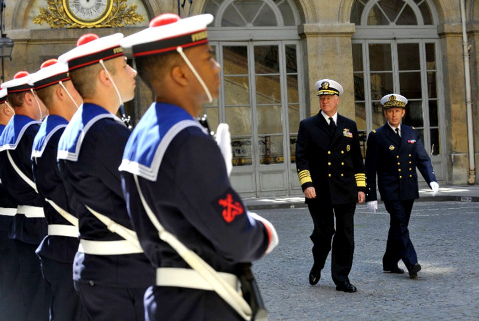 US Navy 100719-N-8273J-009 Chief of Naval Operations (CNO) Adm. Gary Roughead inspects troops with Adm. Pierre-Francois Forissier, chief of staff of the French navy, during a welcoming ceremony at the French navy headquarters
