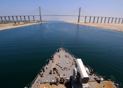 US Navy 100718-N-1082Z-032 The amphibious dock landing ship USS Ashland (LSD 48) prepares to pass under the Egyptian-Japanese Friendship Bridge as it transits the Suez Canal