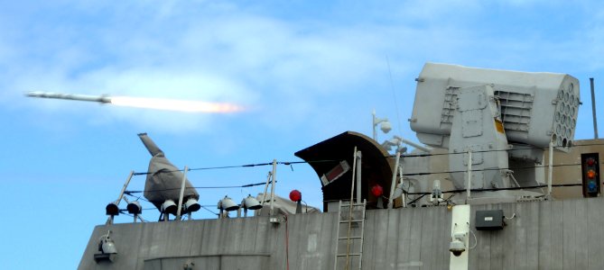 US Navy 100718-N-7058E-536 A Rolling Airframe Missile is launched from the littoral combat ship USS Freedom (LCS 1) during a live-fire exercise
