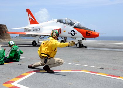 US Navy 100719-N-3885H-094 shooter aboard the aircraft carrier USS George H.W. Bush (CVN 77) launches a T-45C Goshawk training aircraft assigned to Training Wing (Training Wing (TRAWING) 1