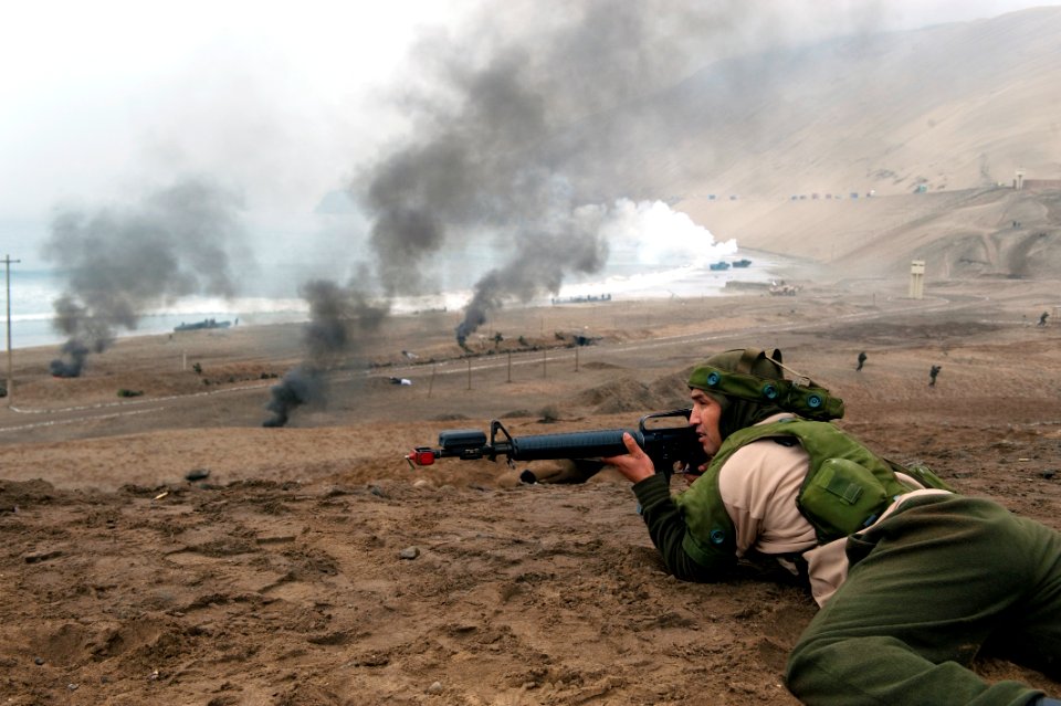 US Navy 100719-N-5319A-084 A Peruvian marine acts as an insurgent during a scheduled multinational beach assault exercise as part of Amphibious-Southern Partnership Station 2010