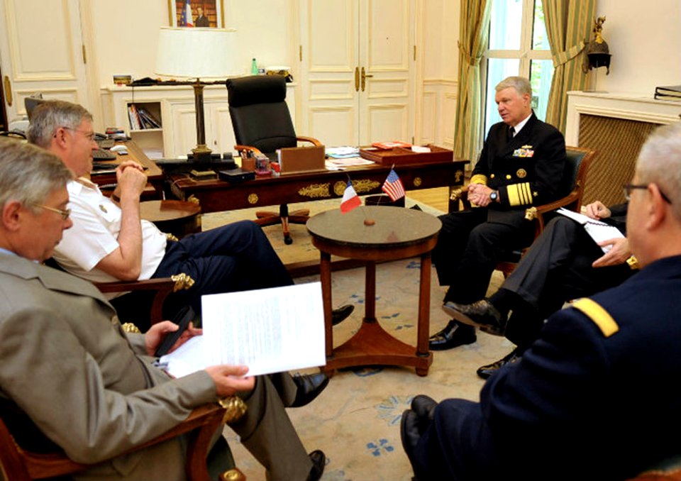 US Navy 100719-N-8273J-010 Chief of Naval Operations (CNO) Adm. Gary Roughead, right, meets with Adm. Edouard Guillaud