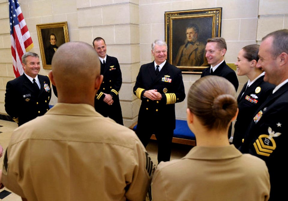 US Navy 100719-N-8273J-007 Chief of Naval Operations (CNO) Adm. Gary Roughead speaks with Sailors and Marines stationed at the U.S. Embassy in Paris