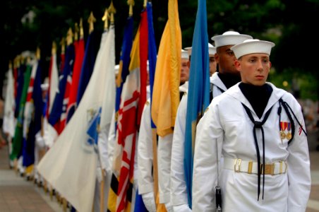 US Navy 100720-N-4930E-517 Members of the U.S. Navy Ceremonial Guard stand by before a U.S. Navy Band concert at the Navy Memorial in Washington, D.C photo