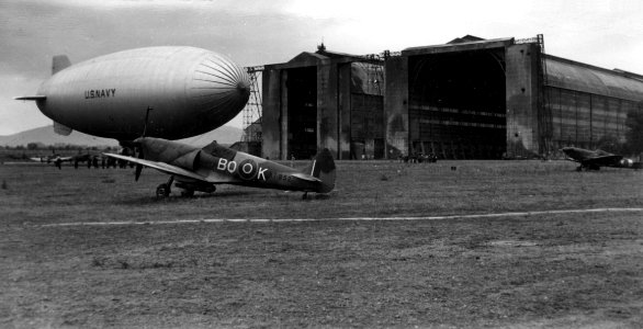 USN blimp with RAAF Spitfires at Cuers-Pierrefeu 1944