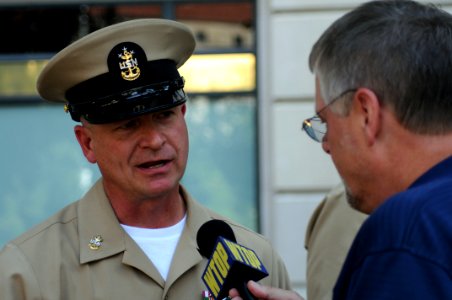 US Navy 100722-N-4930E-737 Master Chief Petty Officer of the Navy (MCPON) Rick West answers questions from the press following the 2009 Sailors of the Year advancement ceremony at the United States Navy Memorial