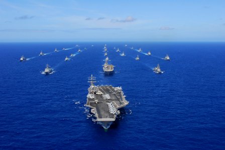 US Navy 100724-N-5684M-823 USS Ronald Reagan (CVN 76) transits the Pacific Ocean with ships assigned to Rim of the Pacific (RIMPAC) 2010 combined task force as part of a photo exercise north of Hawaii