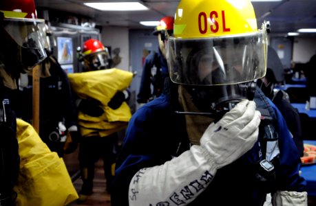 US Navy 100721-N-7280V-268 Hull Maintenance Technician 3rd Class Cole French, the on-scene leader aboard the U.S. 7th Fleet command ship USS Blue Ridge (LCC 19),