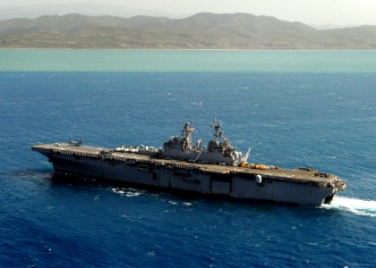 US Navy 100725-N-4153W-294 s assault ship USS Iwo Jima (LHD 7) is underway off the coast of Haiti participating in the Continuing Promise 2010 humanitarian civic assistance mission
