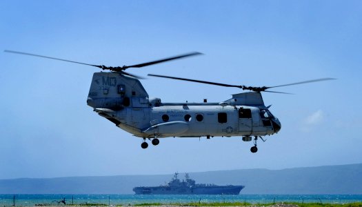 US Navy 100725-N-4153W-039 A CH-46E Sea Knight transporter helicopter takes off from a landing zone in Port de Paix, Haiti
