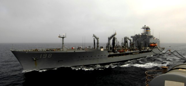 US Navy 100722-N-4135M-027 The Military Sealift Command fleet replenishment oiler USNS Big Horn (T-AO 198) sends supplies to the aircraft carrier USS Harry S. Truman (CVN 75)