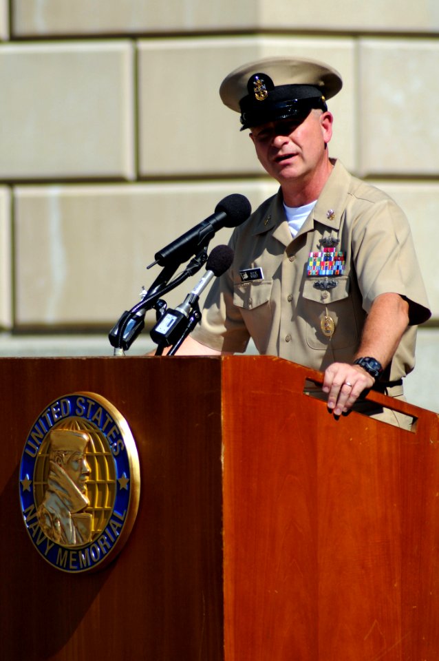 US Navy 100722-N-4930E-248 Master Chief Petty Officer of the Navy (MCPON) Rick West speaks about the accomplishments of the Sailors and their new roles as chief petty officers