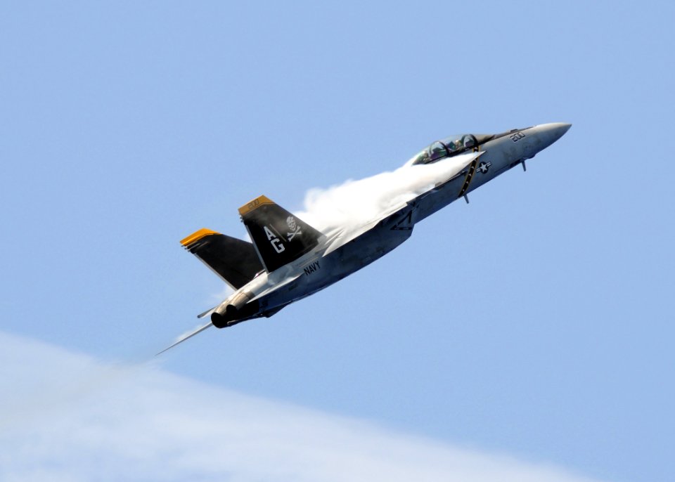 US Navy 100724-N-4236E-636 An F-A-18F Super Hornet assigned to the Jolly Rogers of Strike Fighter Squadron (VFA) 103 flies by the aircraft carrier USS Dwight D. Eisenhower (CVN 69)