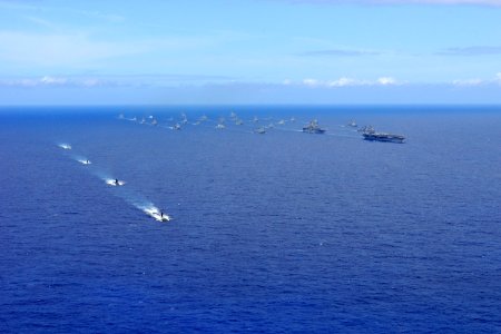 US Navy 100724-N-5684M-875 USS Ronald Reagan (CVN 76), far right, transits the Pacific Ocean with ships assigned to Rim of the Pacific (RIMPAC) 2010 combined task force as part of a photo exercise north of Hawaii