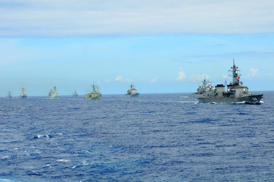 US Navy 100724-N-1004S-343 JS Akebono (DD 108) and other ships assigned to the Rim of the Pacific (RIMPAC) 2010 combined task force transit the Pacific Ocean in a 32-vessel formation