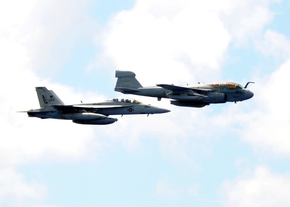 US Navy 100724-N-4236E-456 An EA-6B Prowler assigned to the Patriots of Electronic Attack Squadron (VAQ) 140 and an F-A-18F Super Hornet assigned to the Jolly Rogers of Strike Fighter Squadron (VFA) 103
